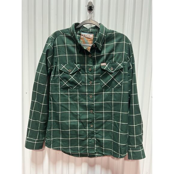Dixxon Shirt Womens Large Green White Plaid Button Up The Rim Flannel Pockets - Picture 1 of 9